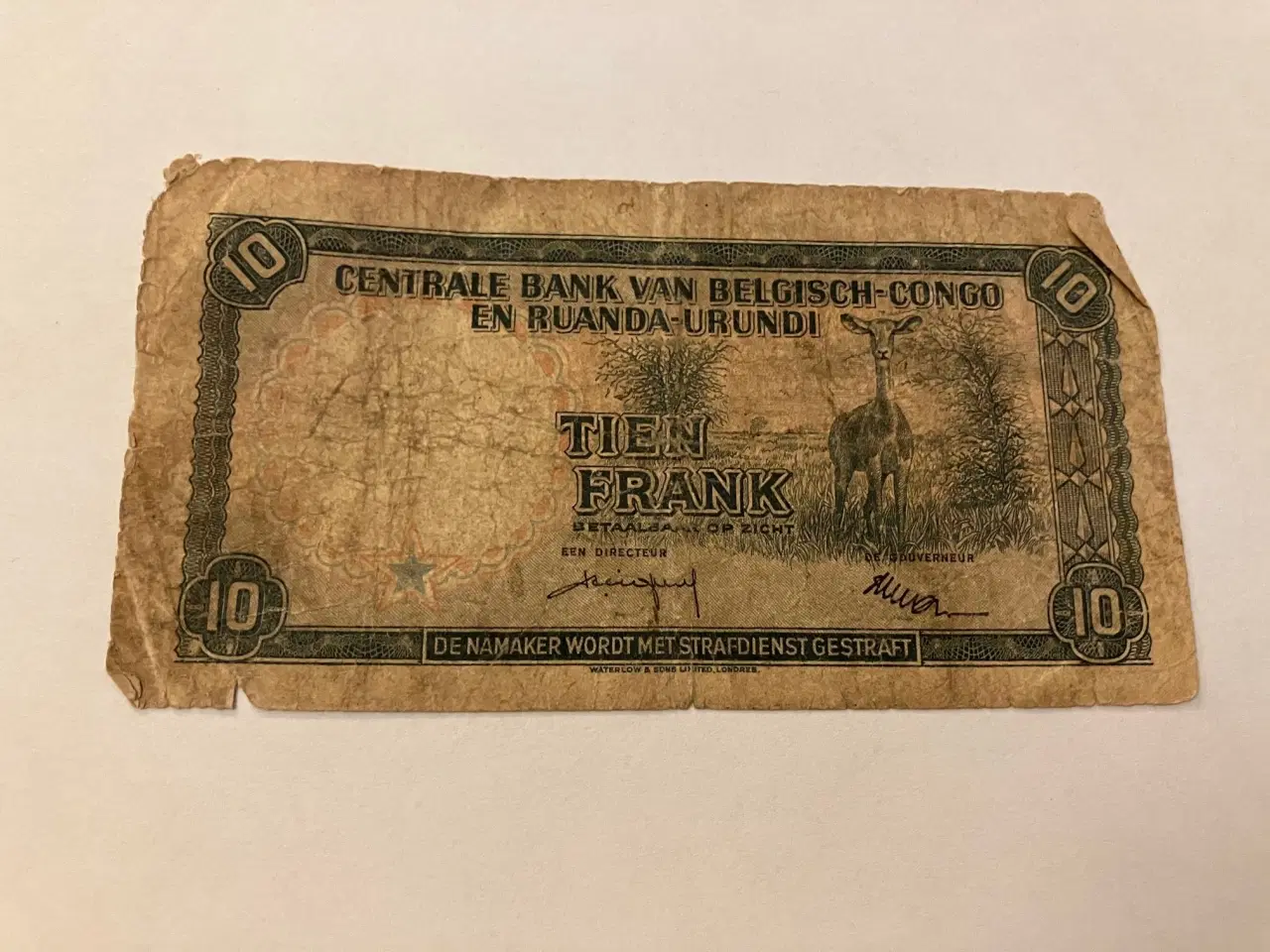 Billede 2 - 10 Francs Belgian Congo 1958 - Meget dårlig stand