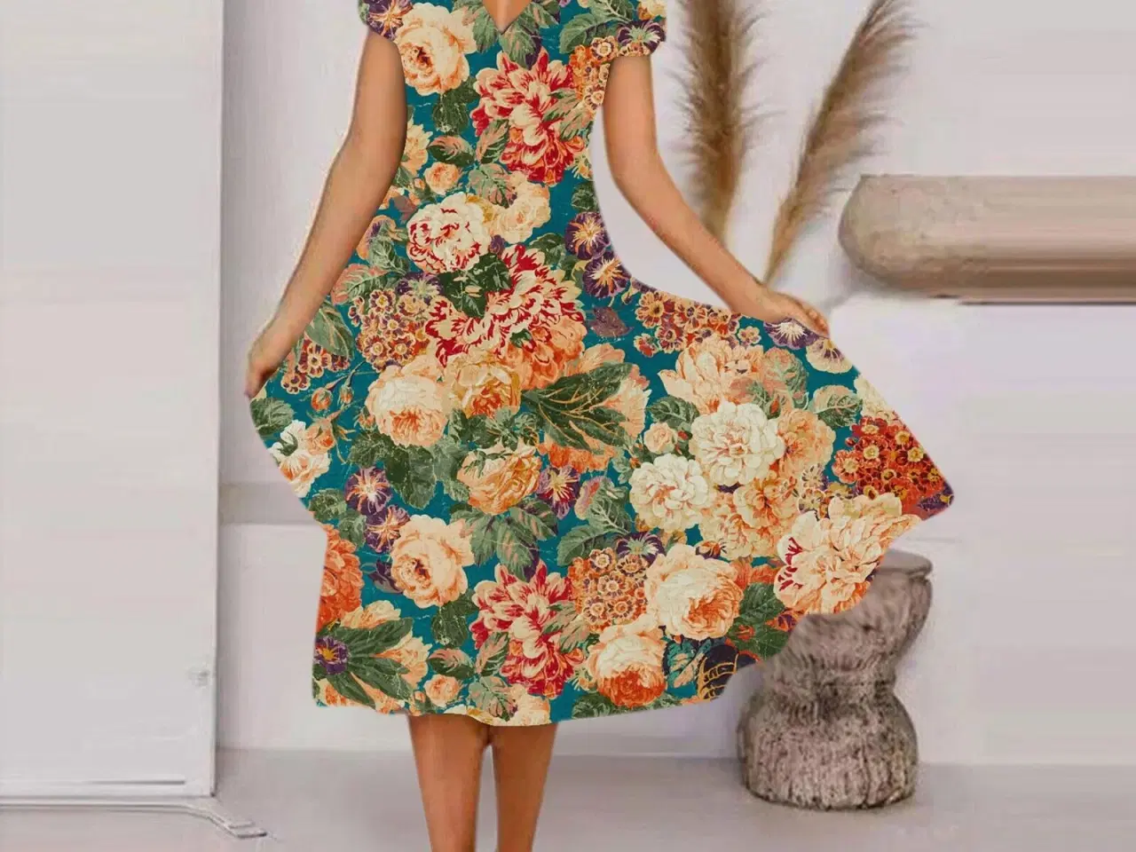 Billede 1 - Blomstret kjole med korte ærmer/medi/ Medium-large