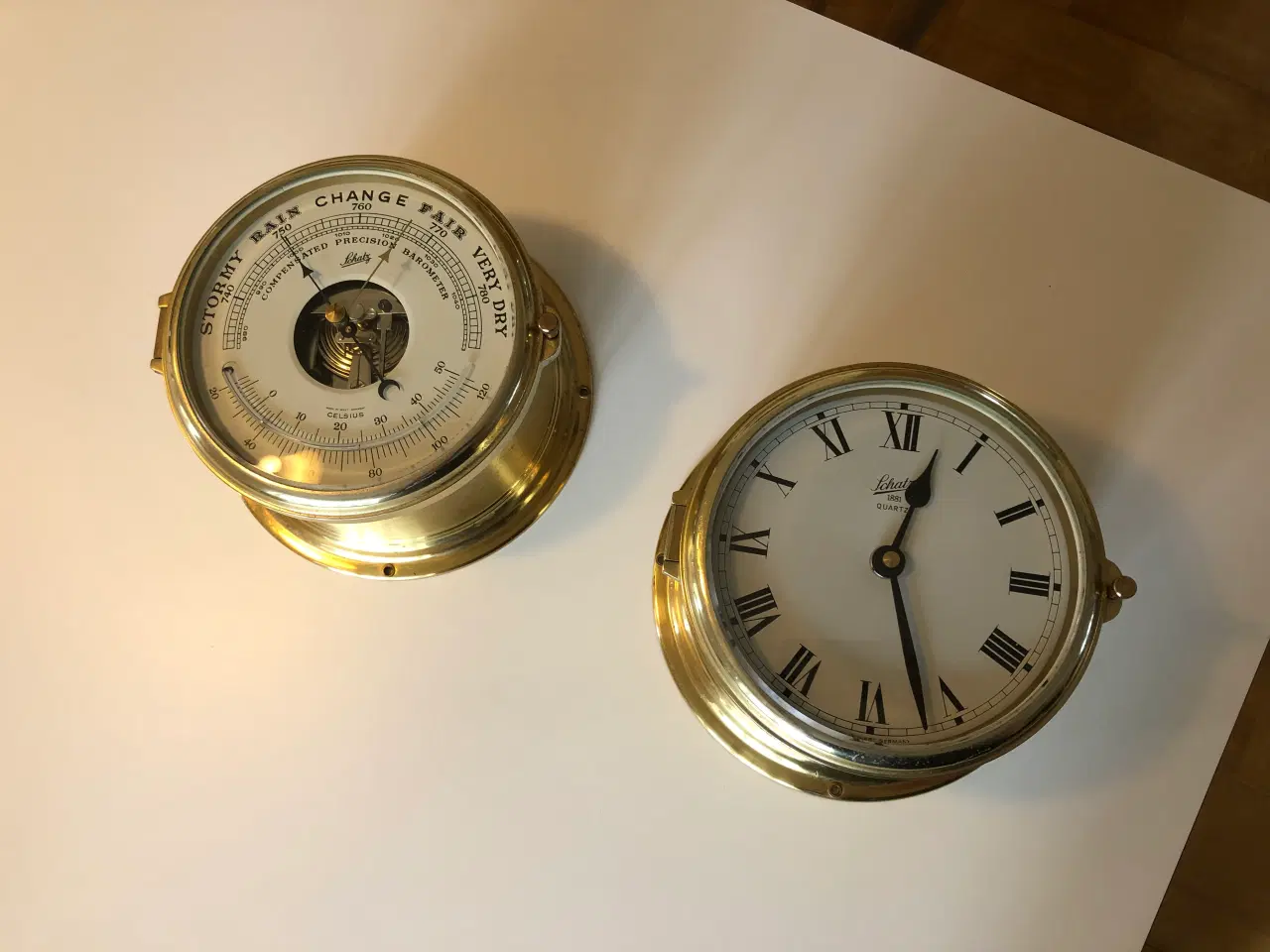 Billede 1 - Flot skibsur og barometer sæt i messing fra Schatz