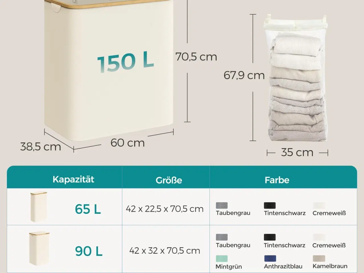 Billede 6 - Vasketøjskurv med låg 3 rum, 150 l, aftagelig mesh-indsats, bambushåndtag, sammenklappelig, cremehvid