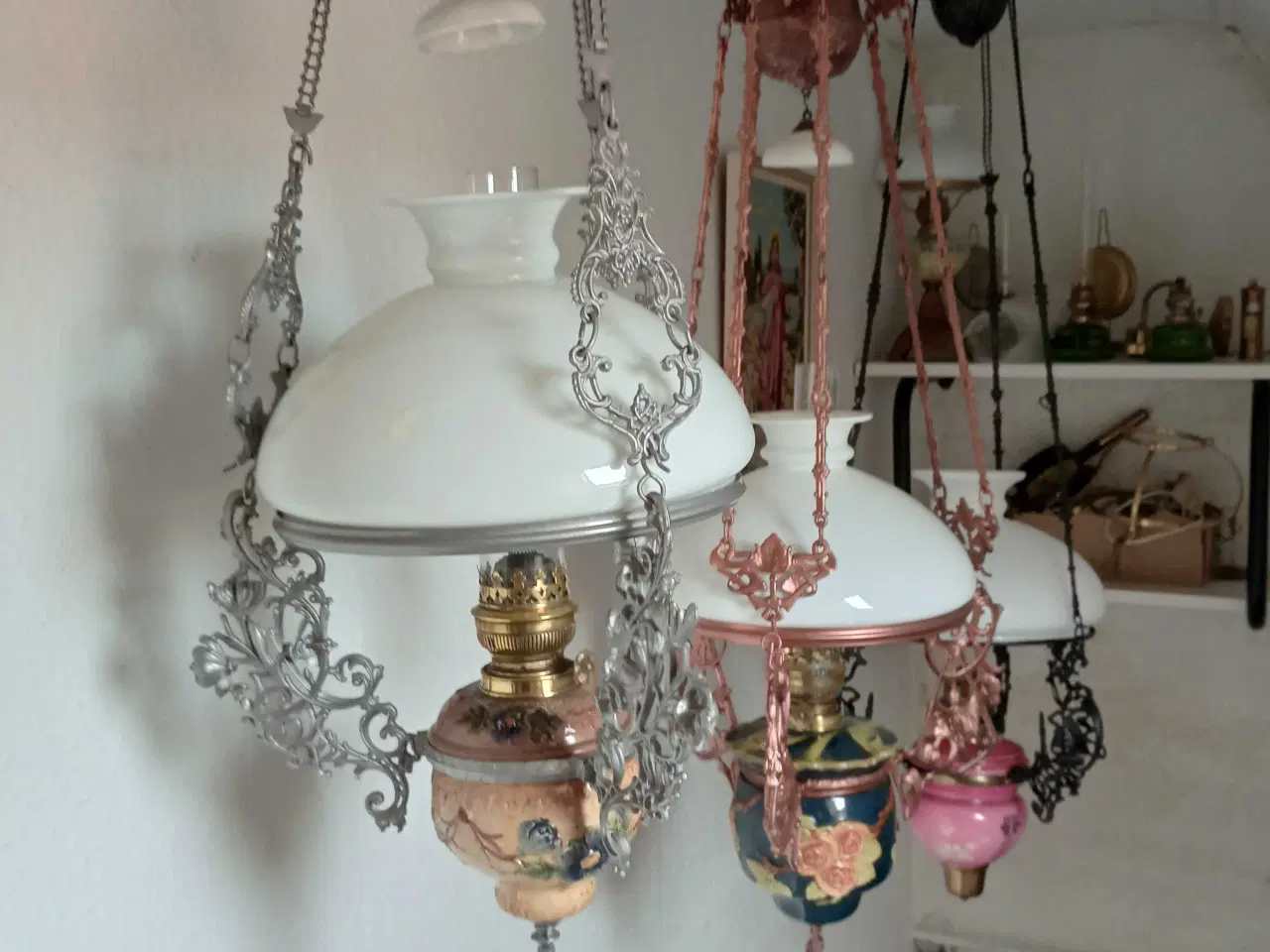 Billede 3 - Gamle hænge majolika petroleums lamper 