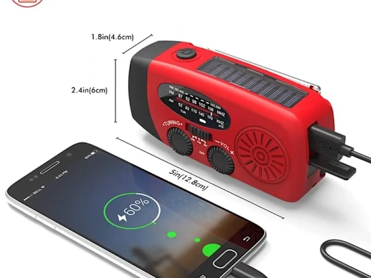 Billede 5 - Håndsvingradio 2000mAh Powerbank, Solceller, Lygte