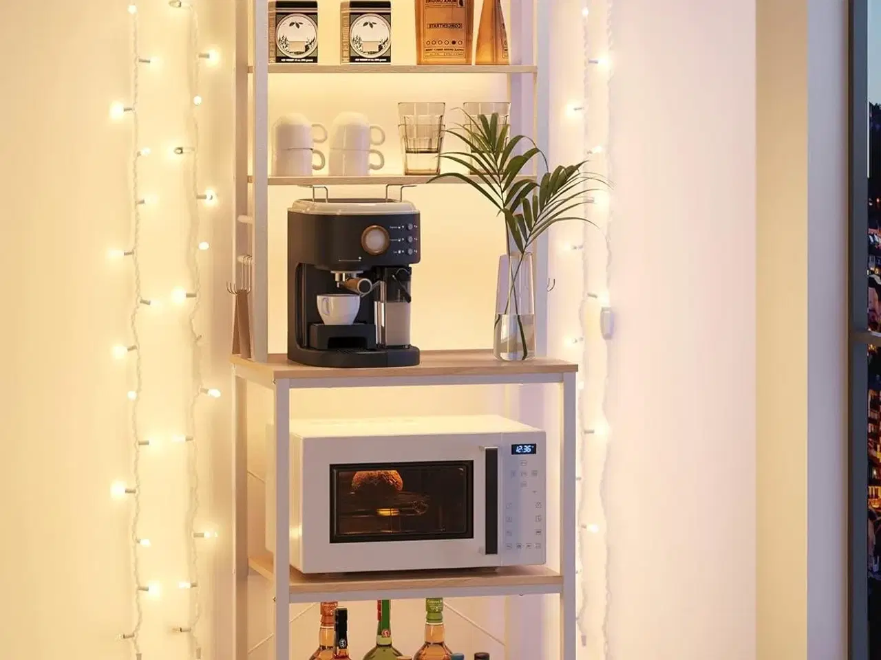 Billede 5 - Køkkenreol med 6 hylder og 6 kroge kaffe- og mikrobølgeovnstation, stålramme, justerbar hylde, 40 × 60 × 167 cm, eg/hvid (KKS024W09)