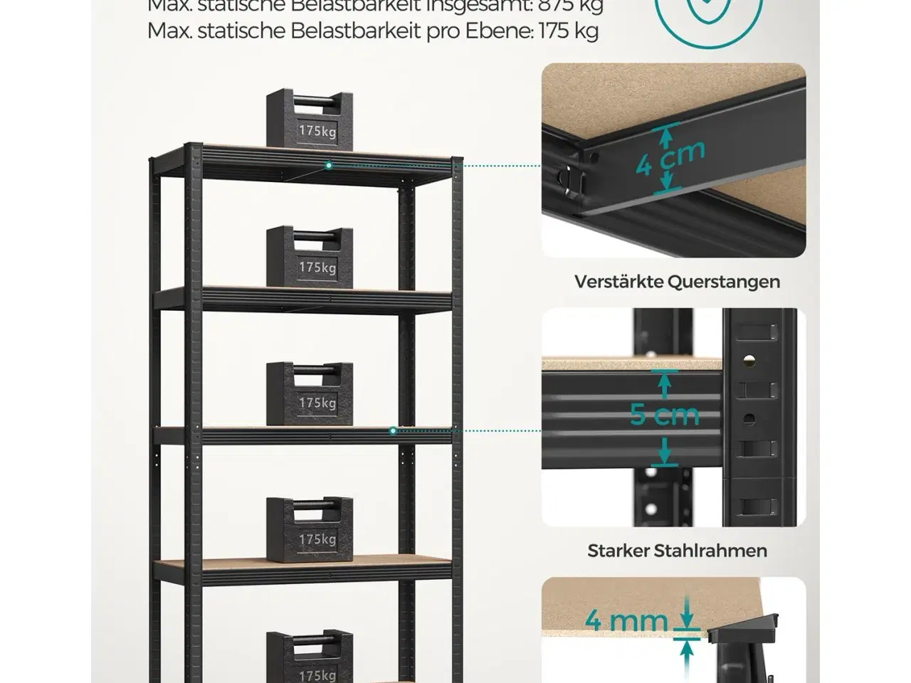 Billede 3 - Reolsystem stål 5 hylder – SONGMICS, sæt á 2, 40 × 90 × 180 cm, sort