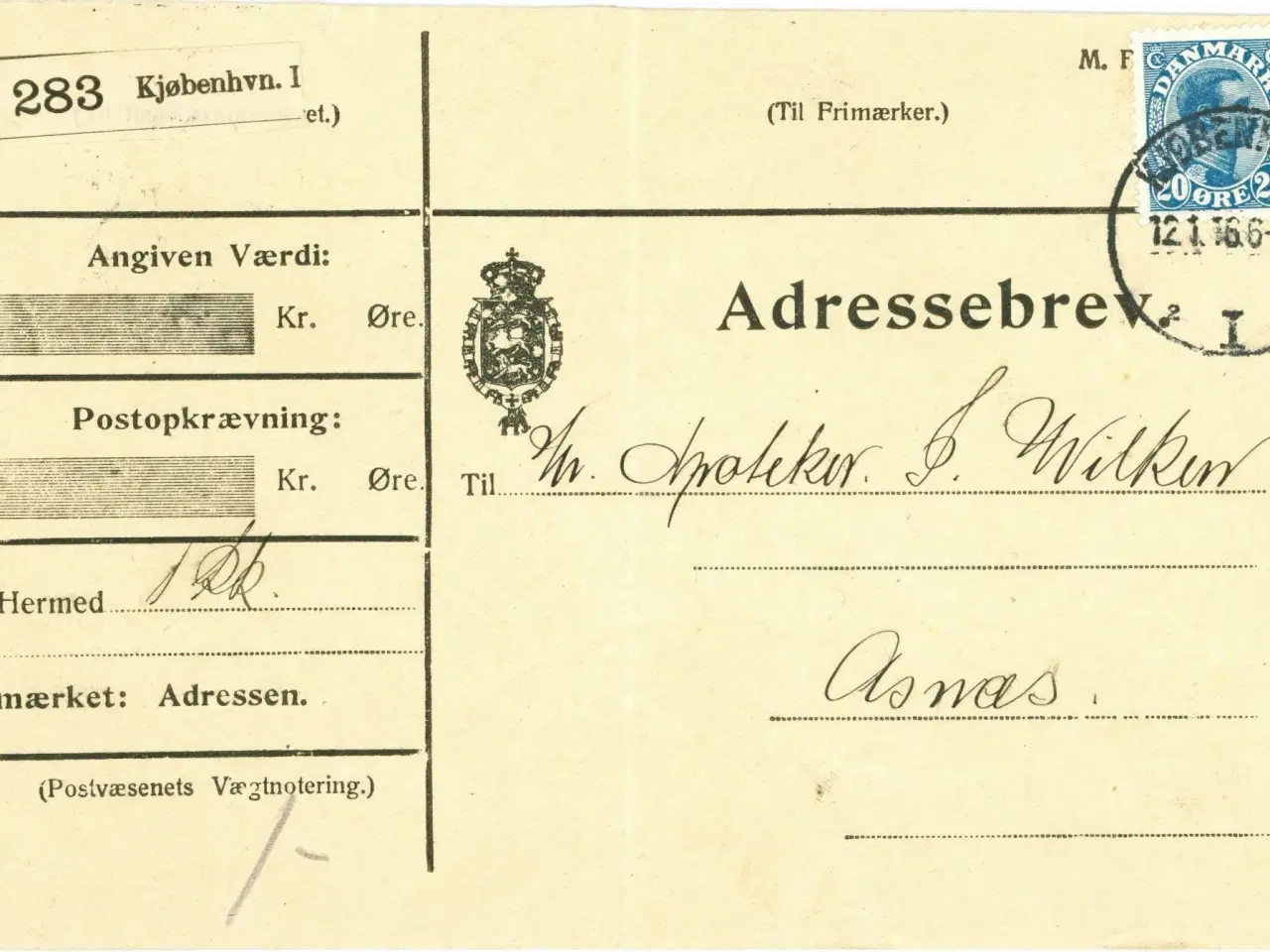 Billede 1 - Adressebrev til apoteker Wilken, Asnæs. 1916