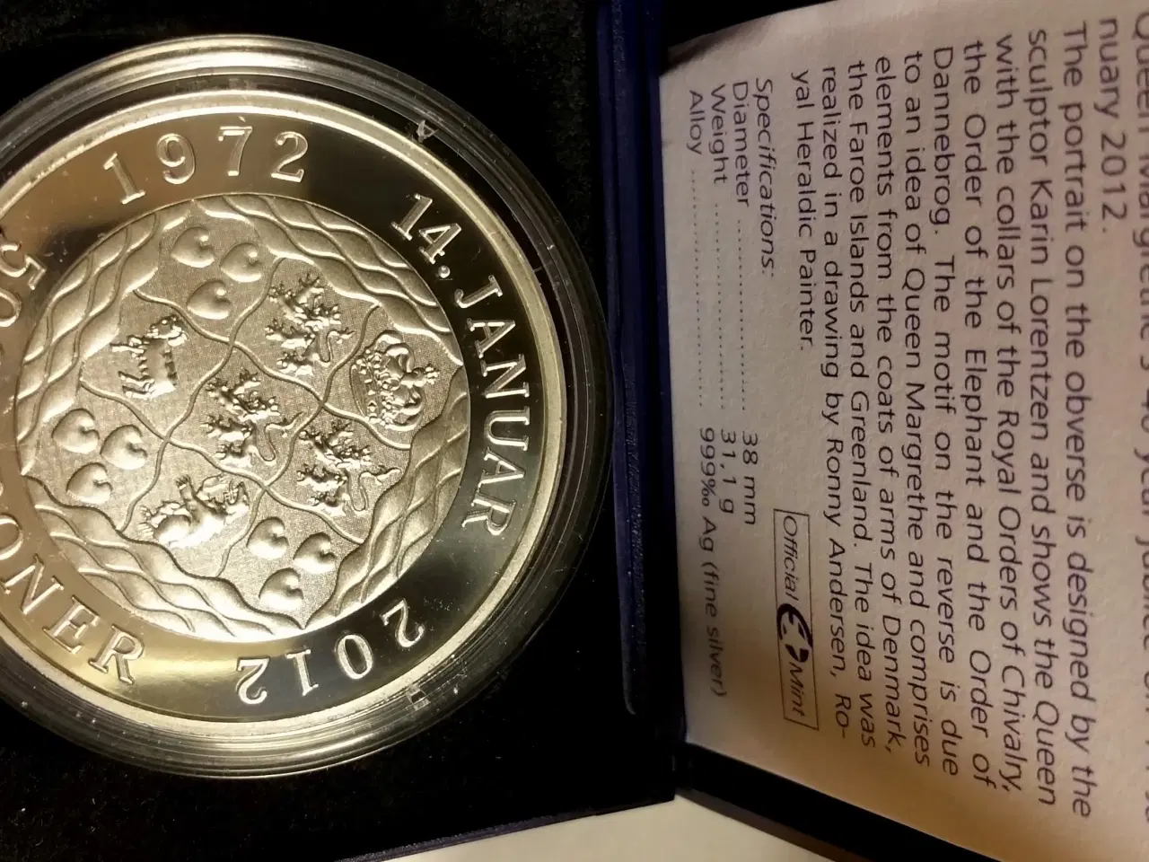 Billede 4 - SMUK SØLV 500 KRONE 2012 MARGRETHE 40 ÅR JUBILÆUM