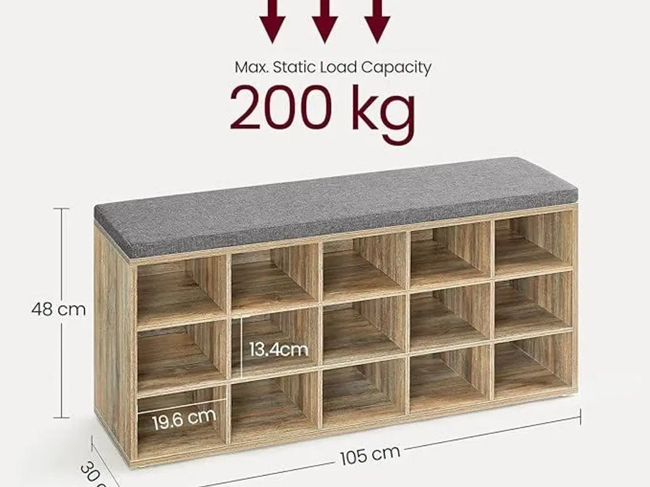 Billede 4 - Skobænk med opbevaring 15 rum, hynde, eg med blå årer/grå, 30 × 105 × 48 cm