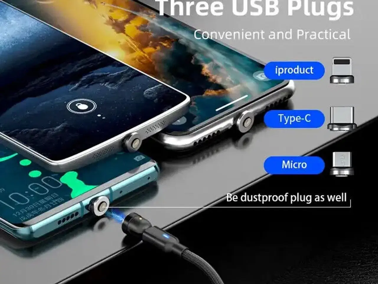 Billede 5 - Magnetisk ladekabel 3 in 1 iPhone Samsung 1m og 2m