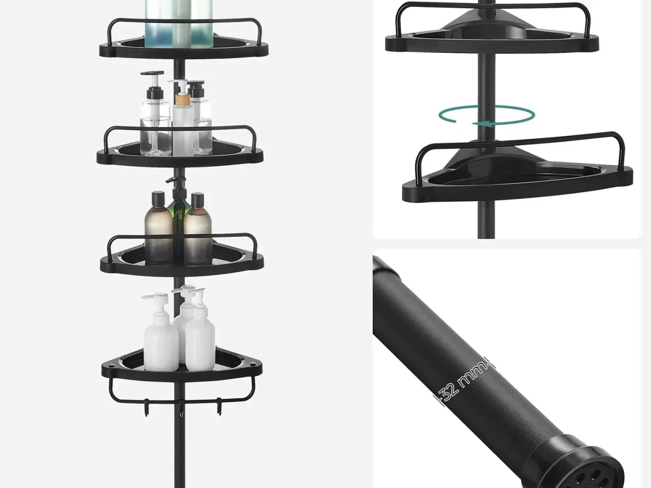 Billede 5 - Hjørnehylde til bad teleskop brusekurv, 85–305 cm, gulv-til-loft, 4 hylder, 3 kroge, sort