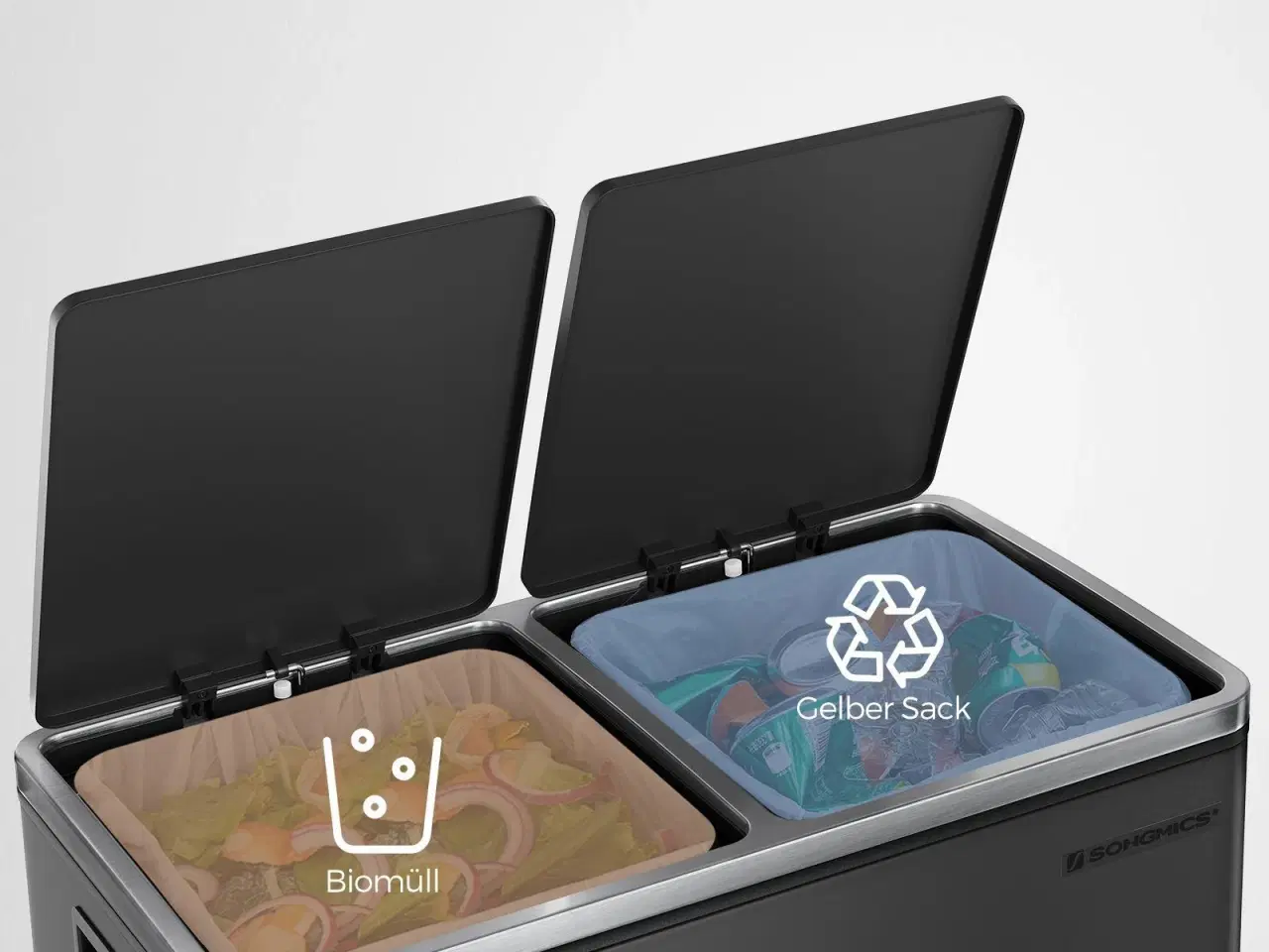 Billede 3 - Skraldespand med dobbelt rum 2 x 30 l – SONGMICS, pedal, soft-close, sort