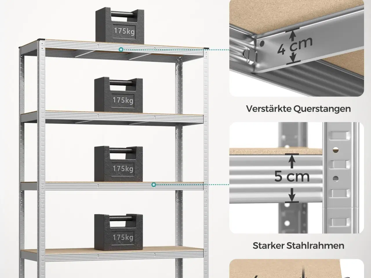 Billede 3 - Reol til garage stålhylle med 5 niveauer, 60 × 120 × 200 cm, sølv