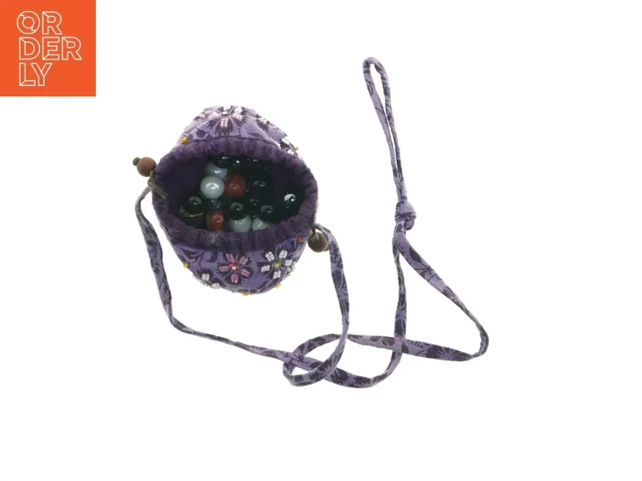 Billede 1 - Blomstret stofpose med glaskugler (str. 13x14 cm)