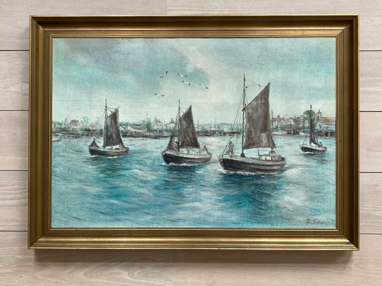 Billede 1 - Maleri sejlskibe maritimt motiv m/ org. ramme