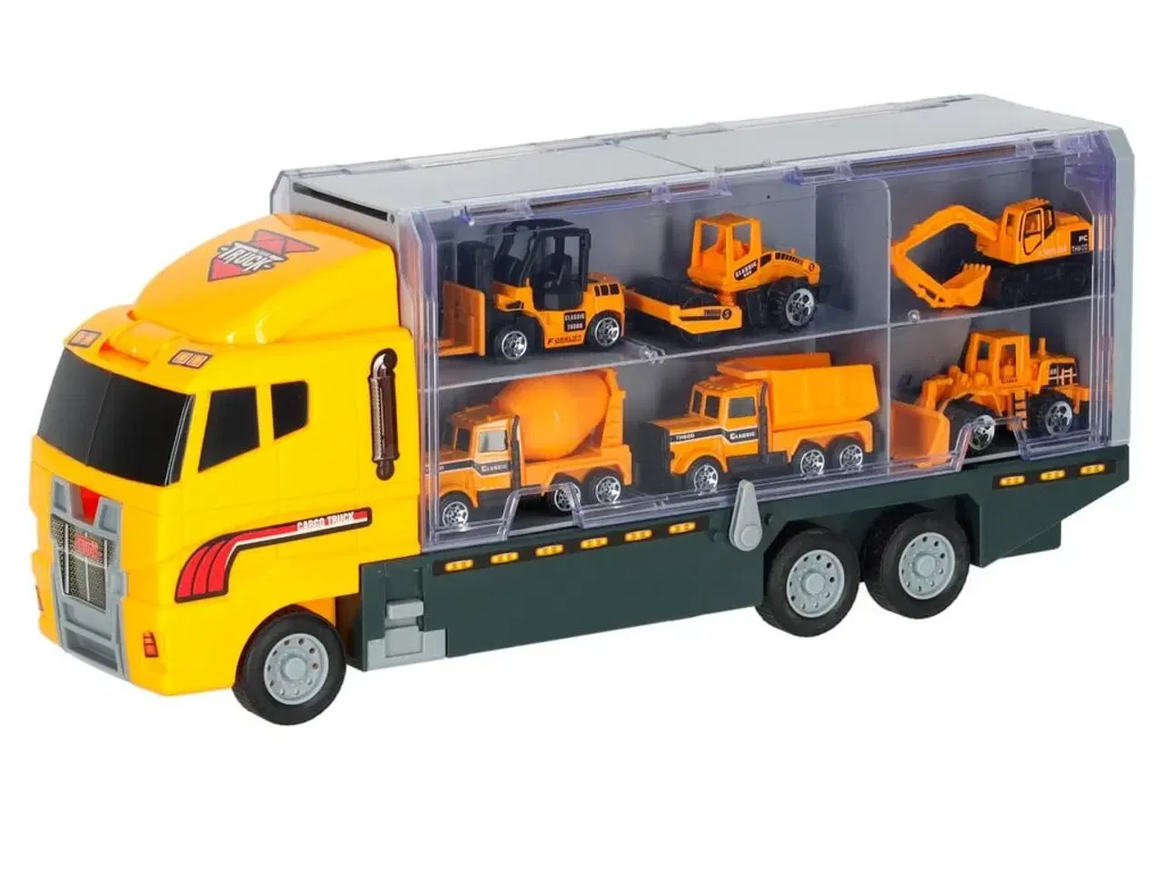 Billede 3 - Legetøjslastbil transporter med affyringsrampe + 6 metal byggemaskiner