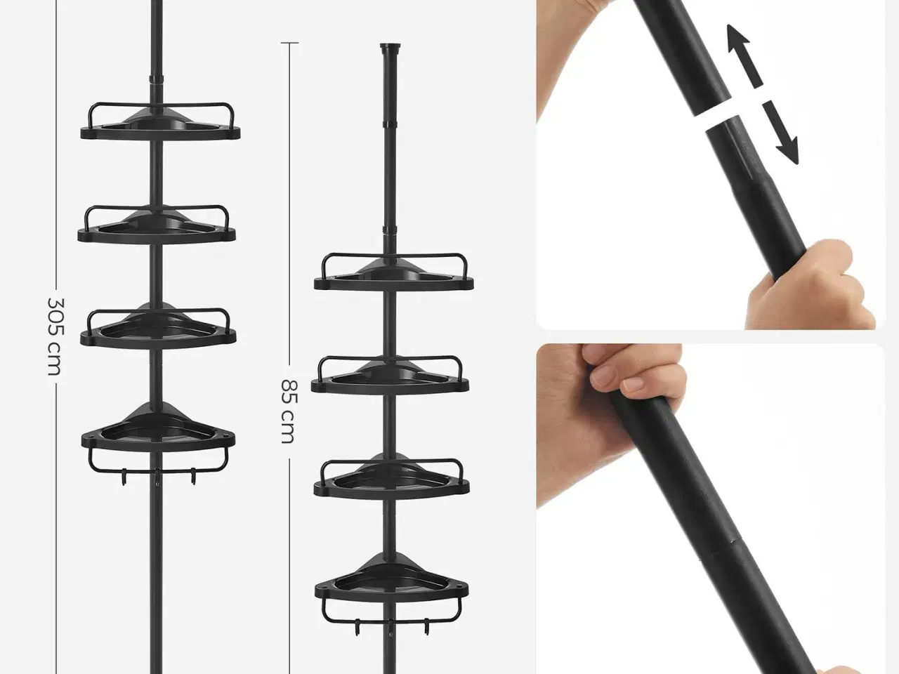 Billede 4 - Hjørnehylde til bad teleskop brusekurv, 85–305 cm, gulv-til-loft, 4 hylder, 3 kroge, sort
