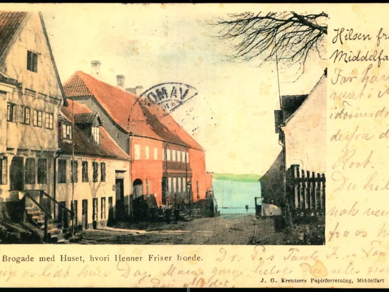 Billede 1 - Hilsen fra Middelfart - Brogade med Huset, hvori Henne Friser boede - J.G. Kreutzers Forlag u/n
