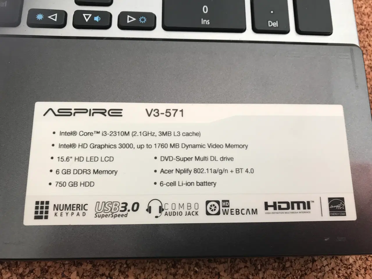 Billede 3 - Acer Aspire V3-571, i3 2,1 GHz, 6 GB ram, 750 GB 