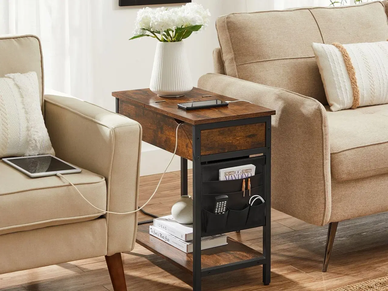 Billede 3 - Sofabord med stikkontakter sidebord, klapbord med hylde og stoflomme, vintage brun/sort