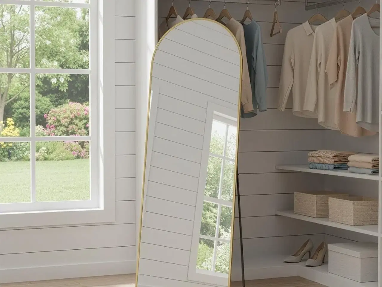 Billede 5 - Buet gulvspejl 160 × 50 cm med stander – hærdet glas, aluminium, lys guld