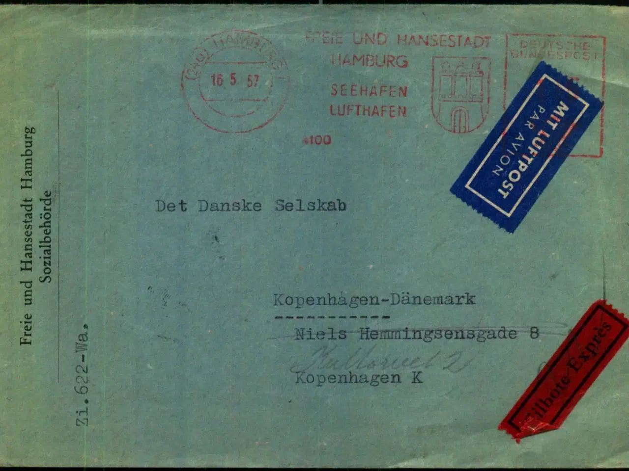 Billede 1 - Luftpost Il Expres Brev fra Tyskland til Danmark - 16 - 5 - 57 - Flere Afleverings Forsøg !!