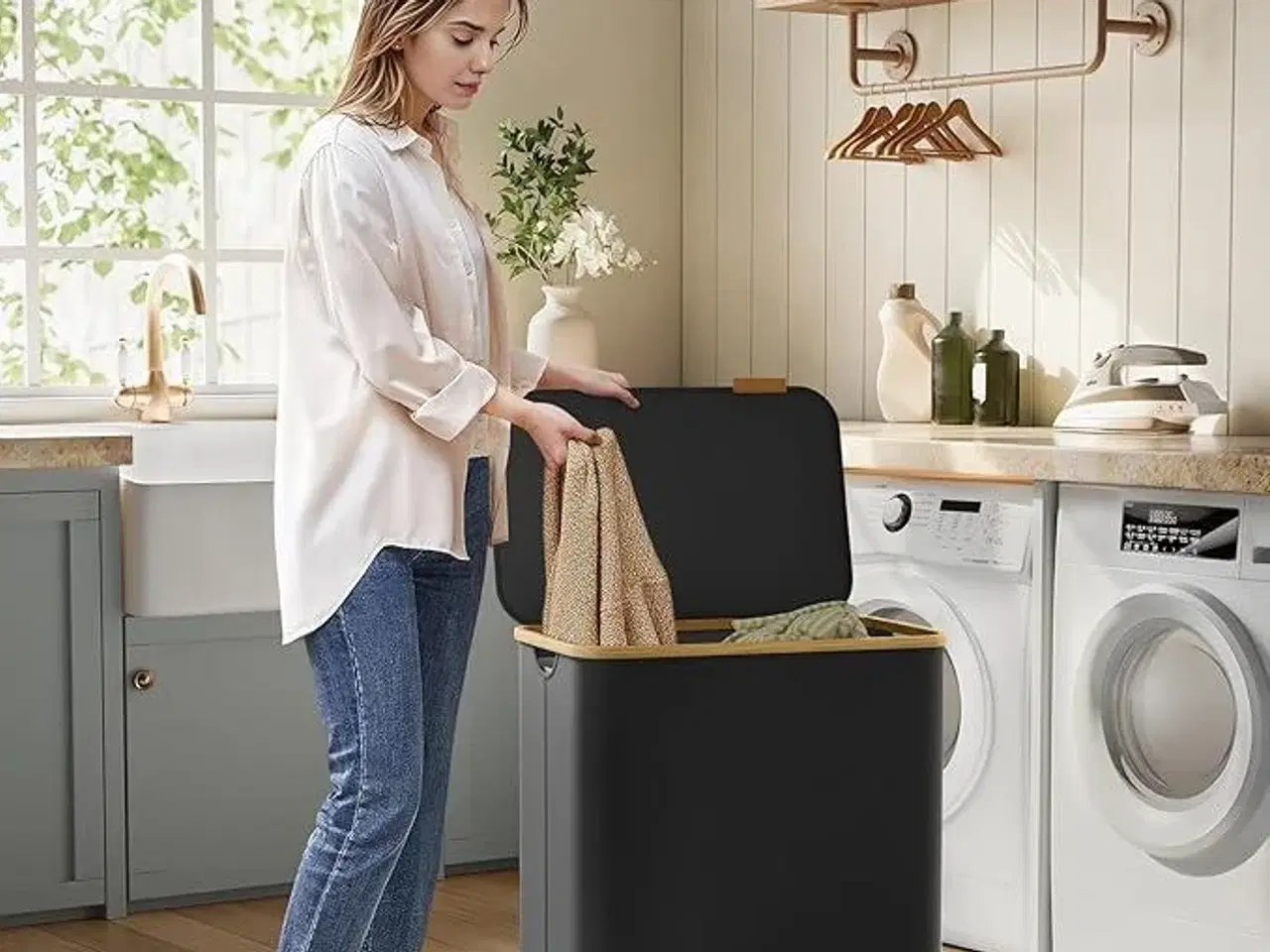 Billede 2 - Vasketøjskurv med låg 3 rum, 150 l, aftagelig meshpose, Oxford-stof, bambushåndtag, sammenklappelig, 60 × 38,5 × 70,5 cm, ink sort