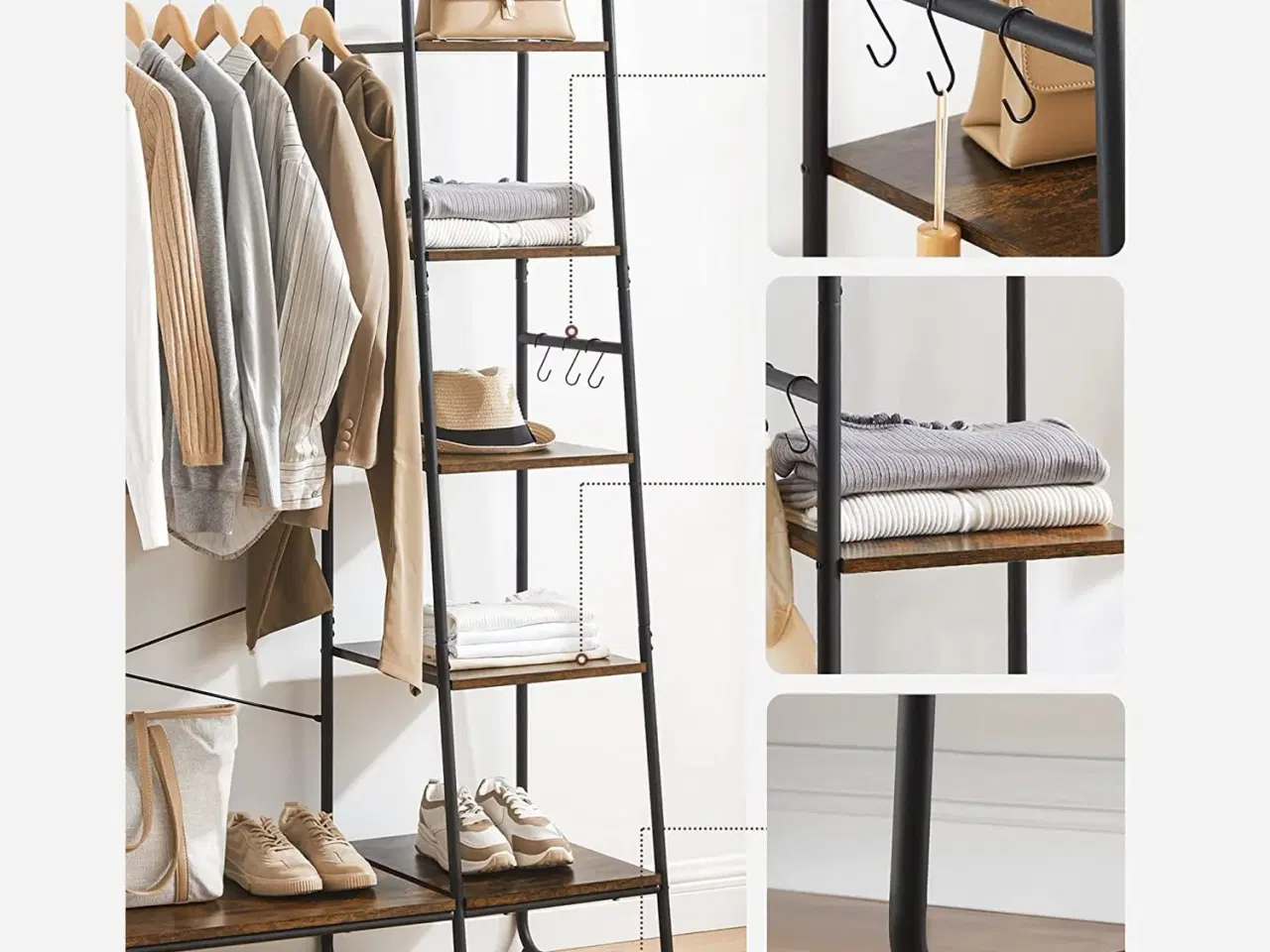 Billede 5 - Tøjstativ med hylder 5 niveauer, skohylde, 6 sidekroge, rustik brun/sort