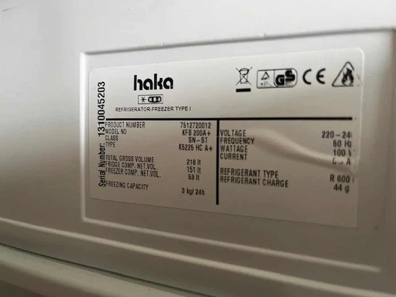 Billede 2 -  Haka A+ køle/fryseskab, 53 L frys og 151 L kølesk
