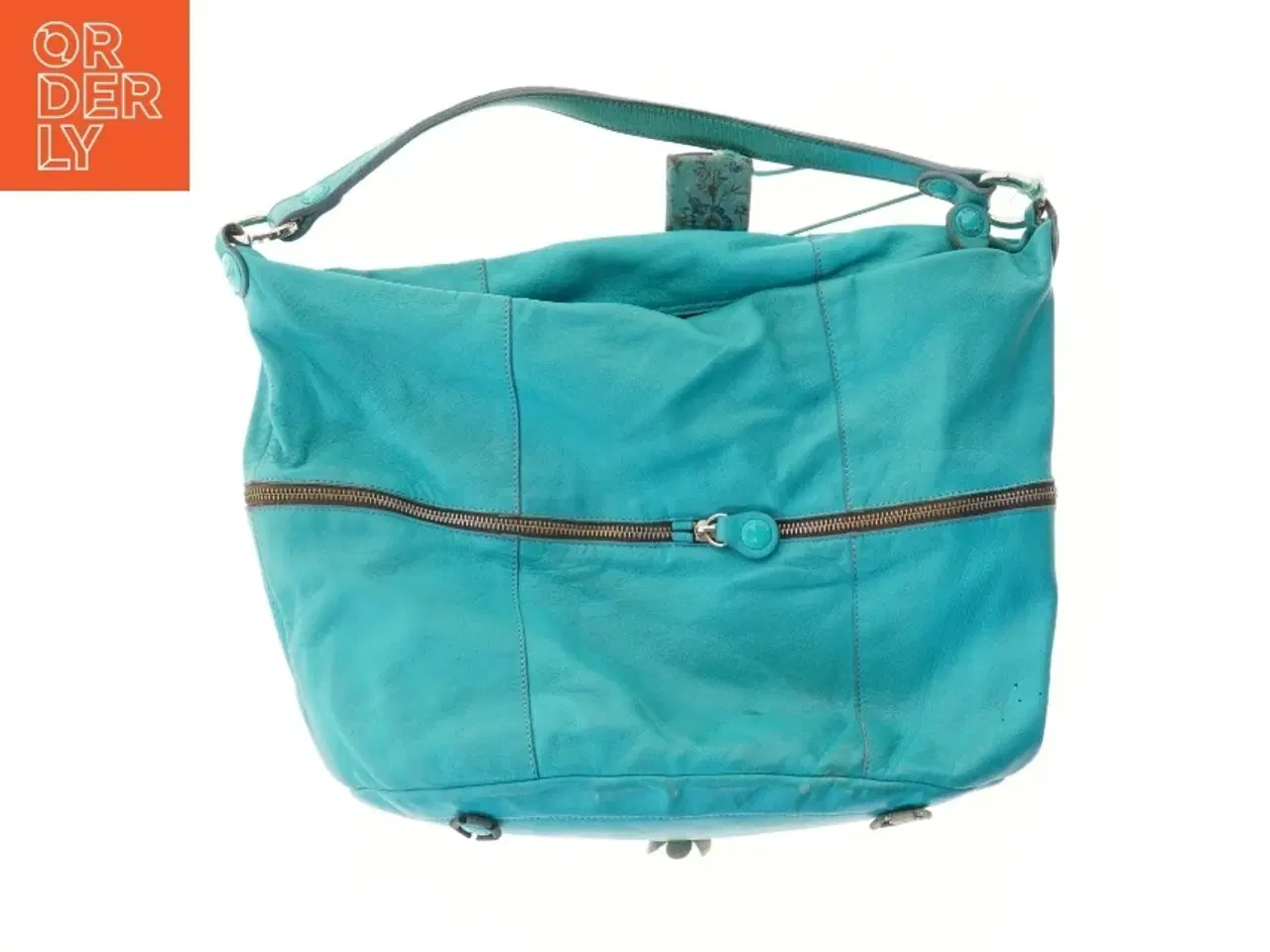 Billede 1 - Turkis skuldertaske med blomstermønster (str. 44x36 cm)