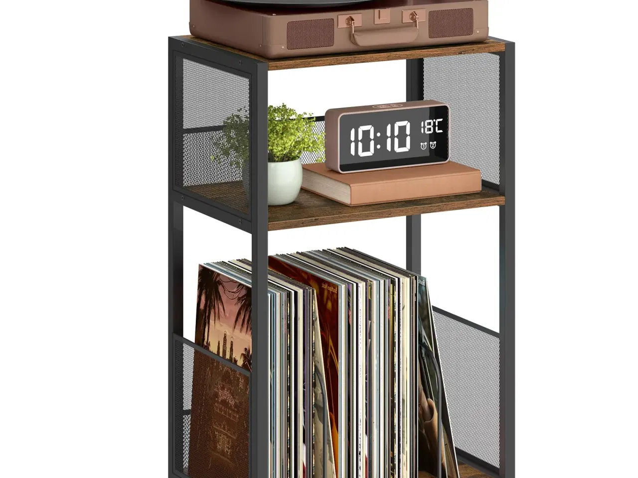 Billede 1 - Pladespillerbord med 3 hylder – vinylopbevaring til op til 100 albums, sidebord til stue og soveværelse, rustik brun