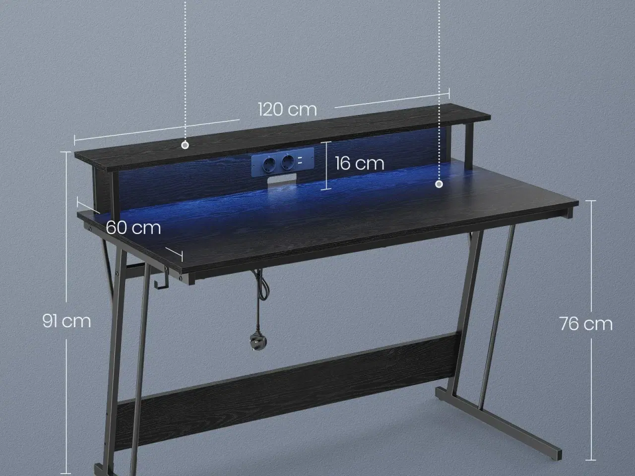 Billede 5 - Skrivebord til gaming VASAGLE med LED og strømudtag, 120 × 60 cm, klassisk sort