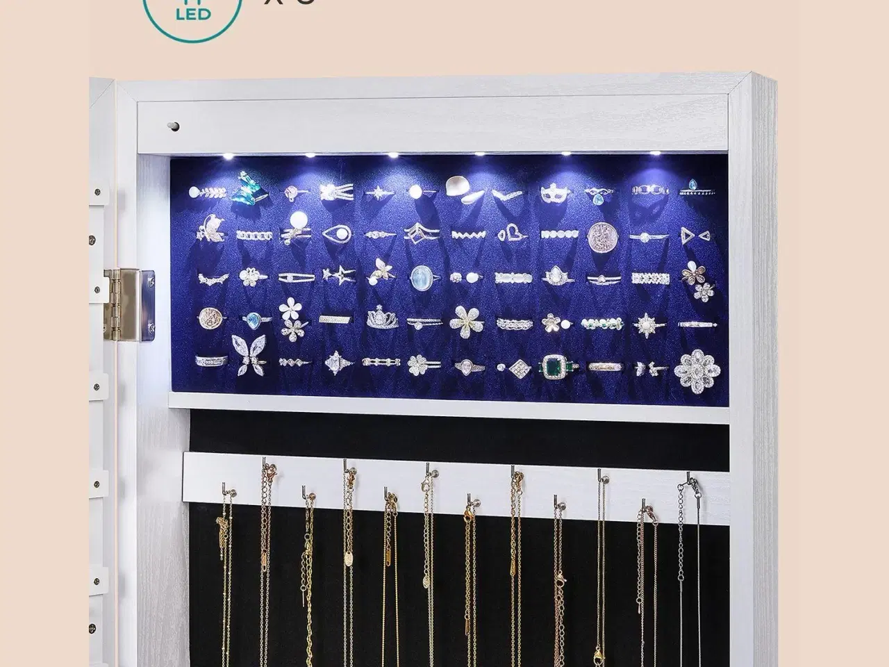 Billede 7 - Spejlskab til smykker med lys – rammeløst vægspejl/ dørophæng, stor kapacitet, hvid (JJC99WT)