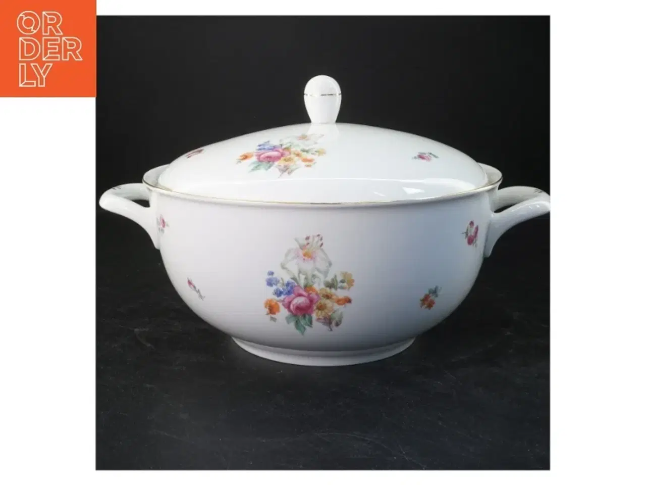 Billede 1 - Porcelæns serveringsskål med låg og blomsterdekoration (str. 35x22 cm)