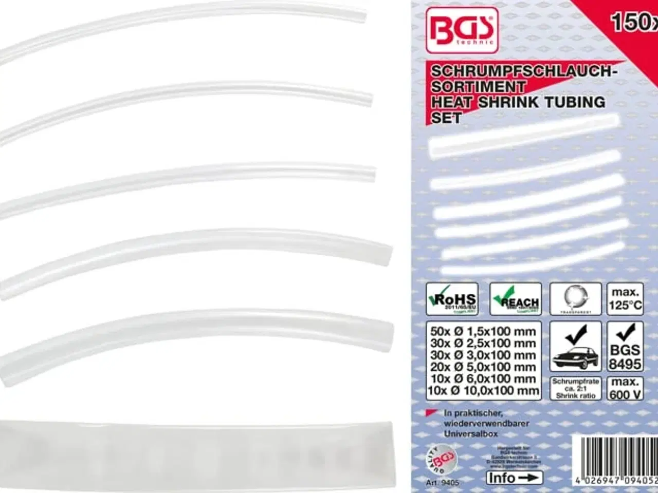 Billede 1 - BGS Krympeflexsortiment transparent 1,5-10mm. 150 dele
