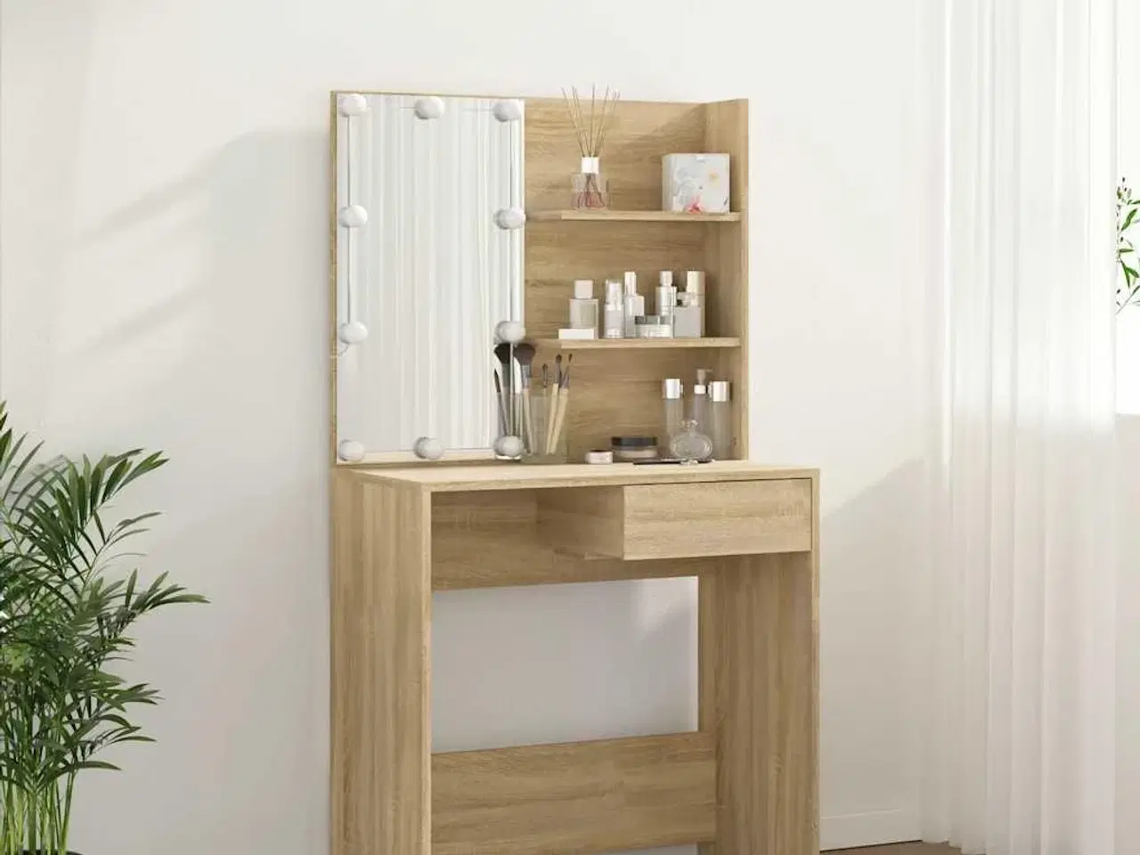 Billede 5 - Makeupbord med LED-lys 74,5x40x141 cm konstrueret træ sonoma-eg