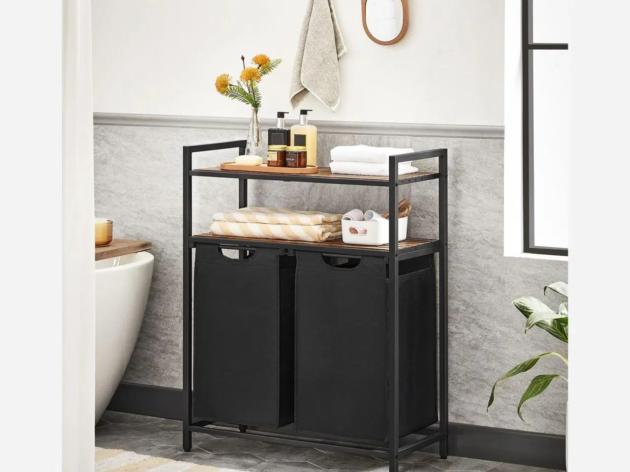 Billede 3 - Vasketøjskurv med hylder dobbelt vasketøjssorterer, 2 udtagelige poser á 46 l, 2 opbevaringshylder, rustik brun/sort