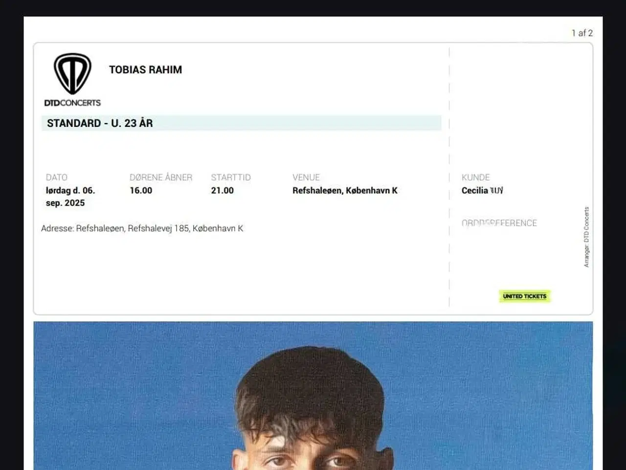 Billede 1 - Tobias Rahim koncert billet 2 stk
