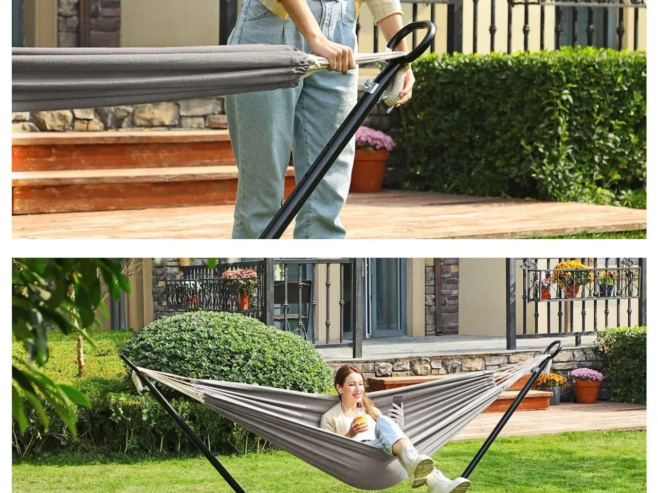 Billede 7 - Hængekøje med stativ 210 × 150 cm – 5 højder, metalstativ, kapacitet 240 kg, sort stativ/grå hængekøje