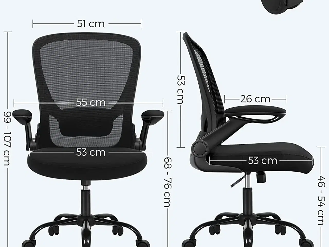 Billede 6 - Kontorstol mesh med armlæn ergonomisk stol, 53 cm sæde, sort