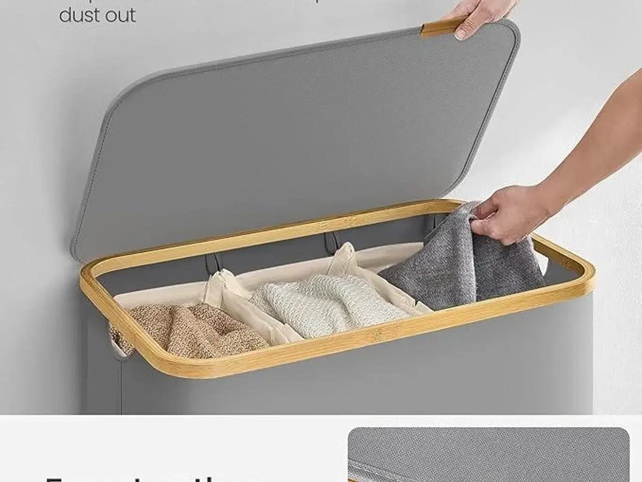 Billede 4 - Vasketøjskurv med låg 3 rum, 150 l, aftagelig netforing, Oxford-stof, bambushåndtag, sammenklappelig, 60 × 38,5 × 70,5 cm, duegrå