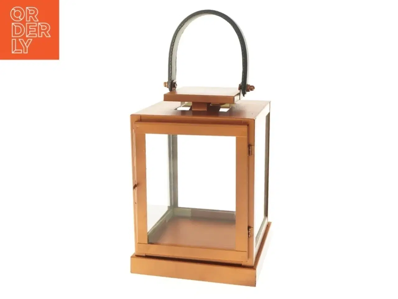 Billede 1 - Kobberfarvet lanterne med læderhåndtag på toppen (str. 25,5x18,5 cm)