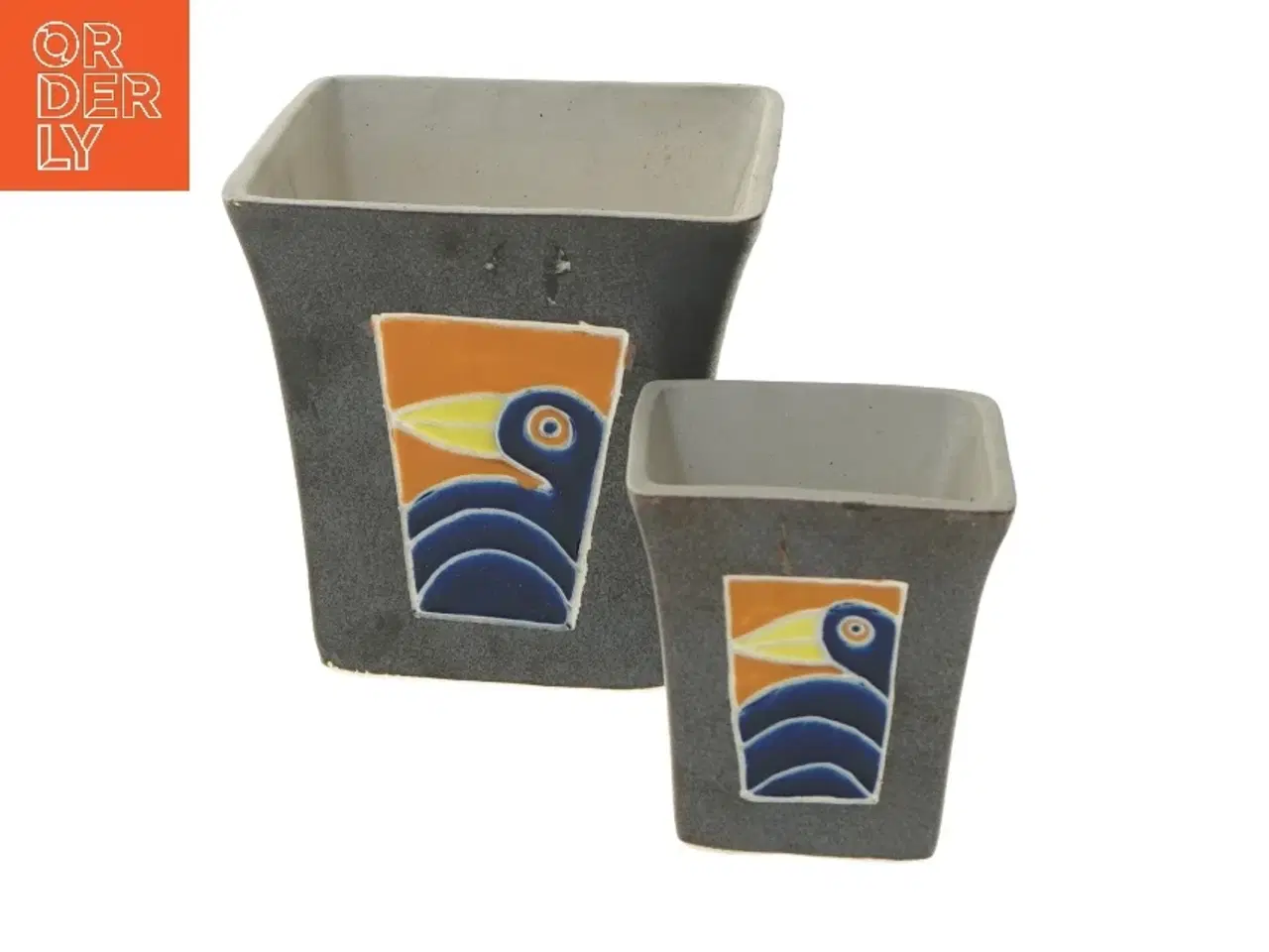 Billede 1 - Keramiske urtepotter med fuglemotiv (str. 2 stk 8,5x8x8 & 12,5x12,5x12,5 cm)