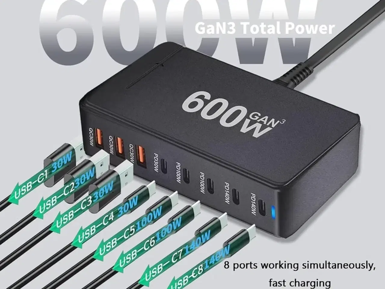 Billede 2 - Ladestation GaN 600W – 8 porte (USB-C & USB-A) – Hurtig opladning til mobil og bærbar computer