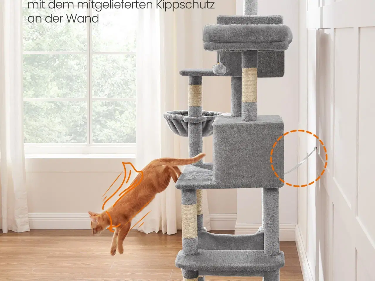 Billede 2 - Klatretræ til kat – FEANDREA slankt kattetræ 199 cm med hængekøje og huler