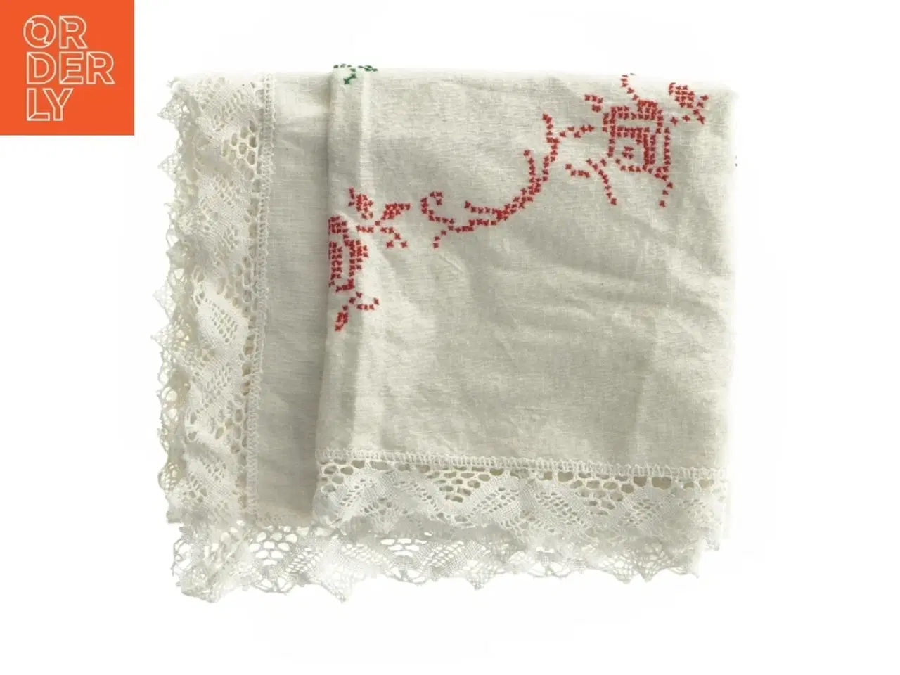 Billede 1 - Borddug med broderi og blondekant (str. 90x90 cm)