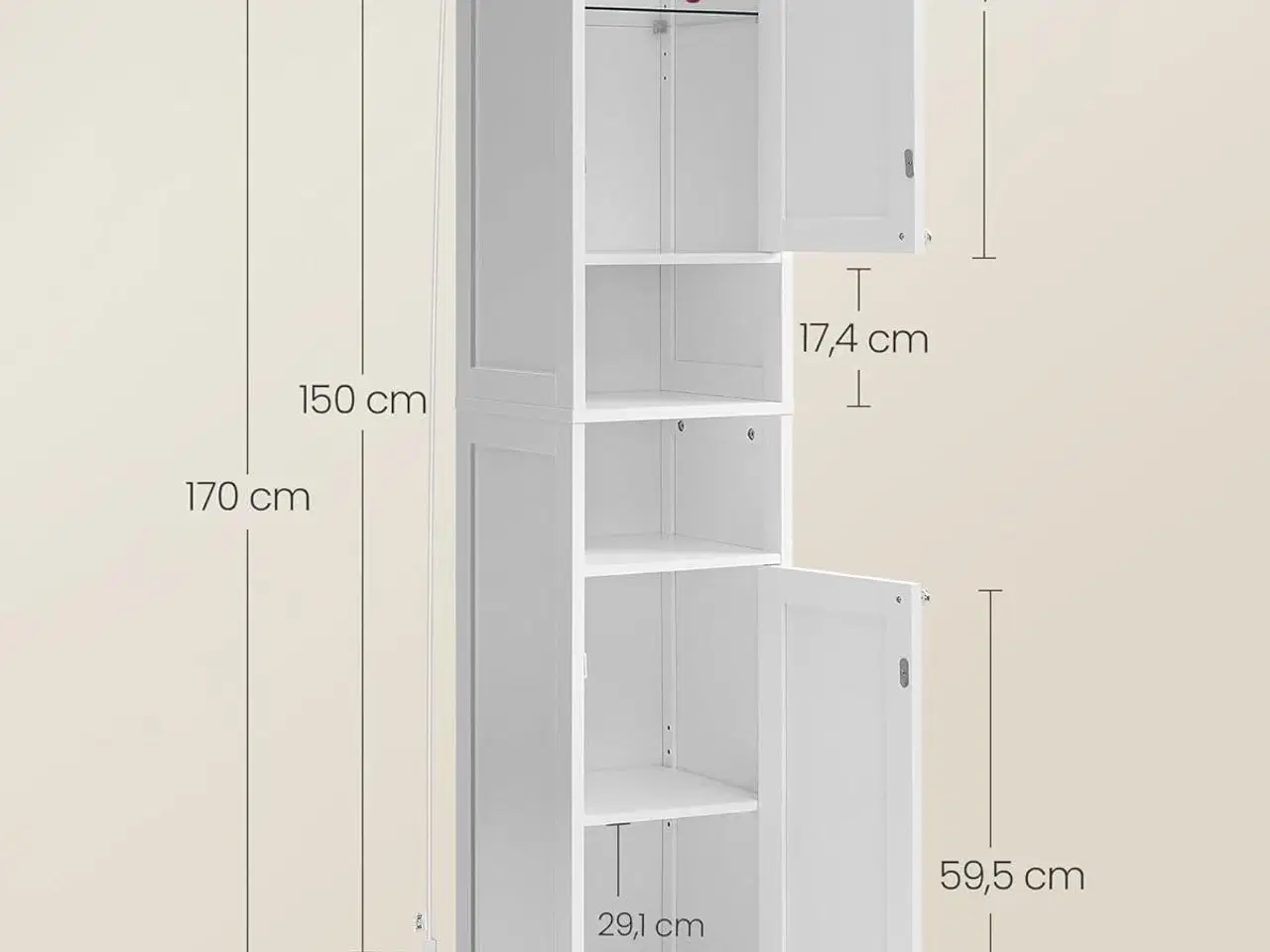 Billede 3 - Højt og smalt badeværelsesskab med lys – justerbare hylder, åbne rum, til små badeværelser, moderne, cloud hvid (BBC566W03)