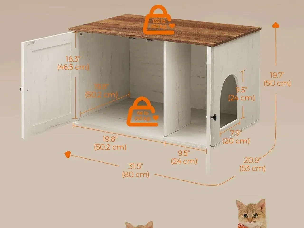 Billede 6 - Kattebakke skab – FEANDREA skjult kattebakke-møbel med aftagelig skillevæg, indendørs kattehus/sidebord, 80 × 53 × 50 cm, honningbrun & rustik hvid