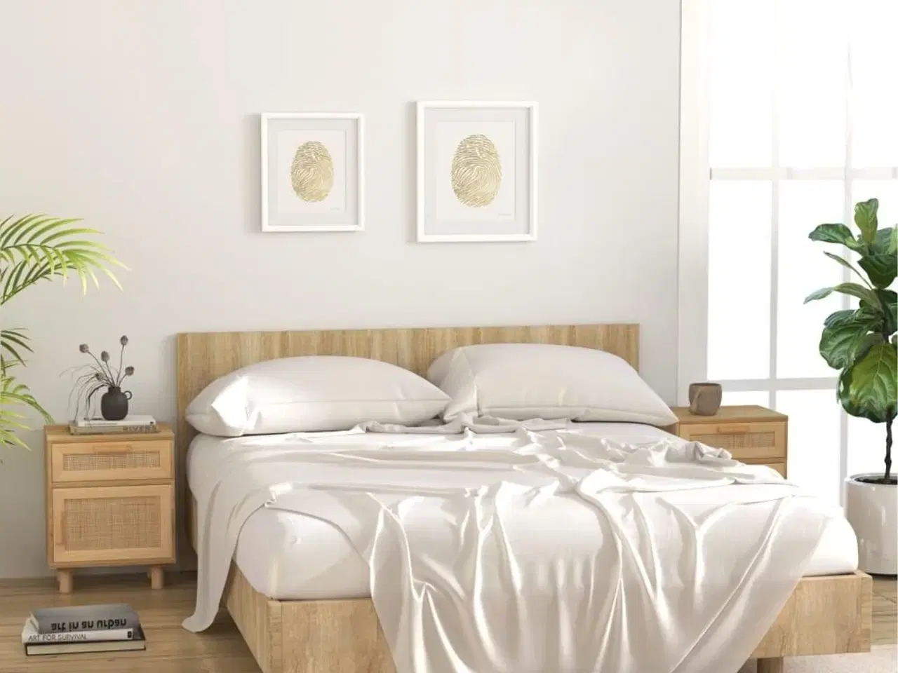 Billede 3 - Sengebord massivt fyrretræ og naturlig rattan brun