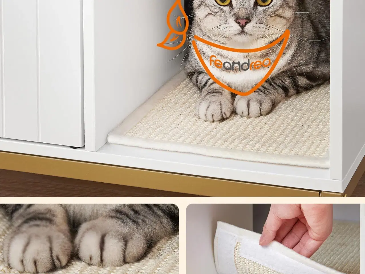 Billede 6 - Kattebakke skab – FEANDREA skjult kattemøbel med kradsemåtte, høje ben, sidebord, 80 × 50 × 55 cm, hvid/guld