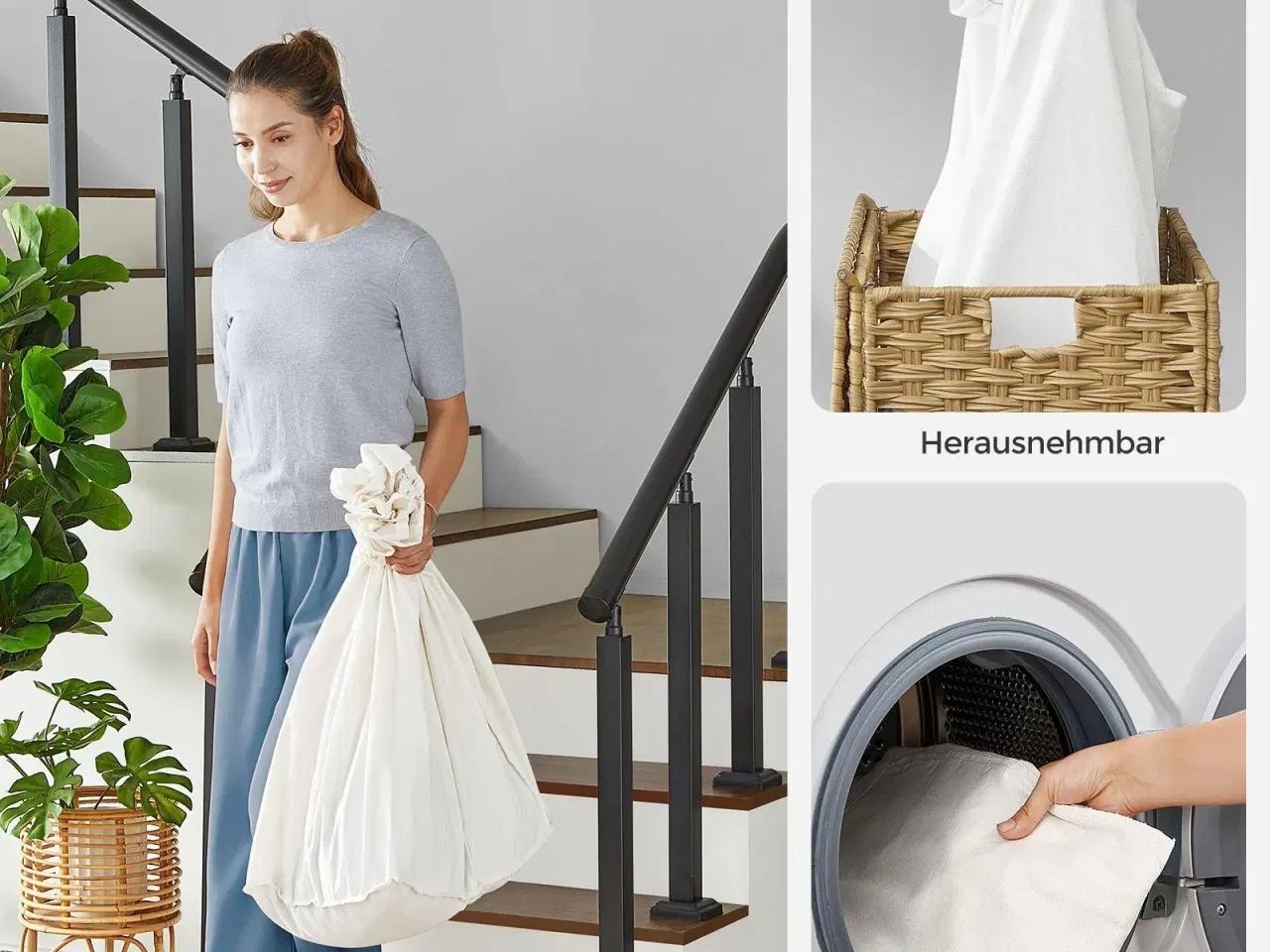 Billede 5 - Vasketøjskurv med låg – SONGMICS, 140 l, rattan-look, 3 rum, aftagelig inderpose, hjul og håndtag, natur, 66 × 33 × 60 cm