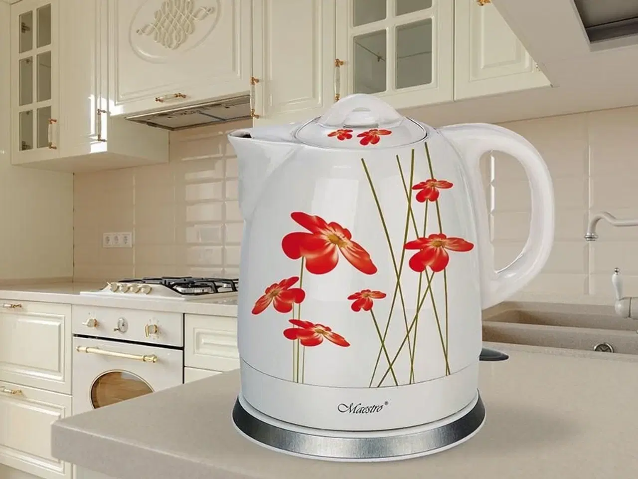 Billede 3 - Elkedel Maestro 1,5 l keramisk – Red Flowers, 1.200 W